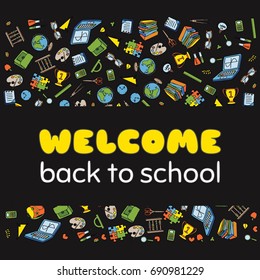Doodle Welcome Back to School poster. Hand drawn stationary graphic design elements for school invitation template, sale flyer, greeting card. Education supplies sale concept idea. Vector illustration