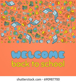 Doodle Welcome Back to School poster. Hand drawn stationary graphic design elements for school invitation template, sale flyer, greeting card. Education supplies sale concept idea. Vector illustration