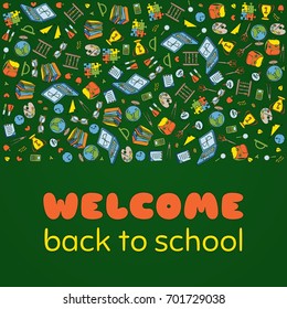 Doodle Welcome Back to School poster. Hand drawn stationary graphic design elements for school invitation template, sale flyer, greeting card. Education supplies sale concept idea. Vector illustration