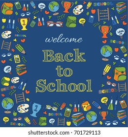Doodle Welcome Back to School poster. Hand drawn stationary graphic design elements for school invitation template, sale flyer, greeting card. Education supplies sale concept idea. Vector illustration