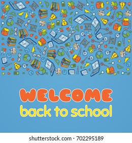 Doodle Welcome Back to School poster. Hand drawn stationary graphic design elements for school invitation template, sale flyer, greeting card. Education supplies sale concept idea. Vector illustration