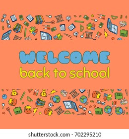Doodle Welcome Back to School poster. Hand drawn stationary graphic design elements for school invitation template, sale flyer, greeting card. Education supplies sale concept idea. Vector illustration