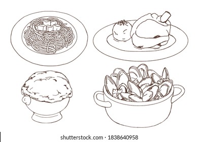 Doodle of Western food, pasta, pork knuckle, pastry soup, mussel