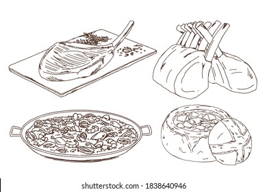 Doodle of Western food, tomahawk, lamb rack, paella, bread soup