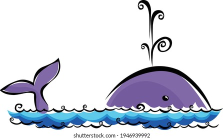 Doodle whale in the sea vector isolated on white background