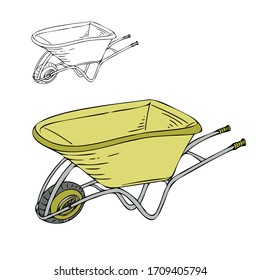 Doodle wheelbarrow in color and in  hand drawn outline style. Spring cares in the garden. Hand drawn collection. Vector illustration