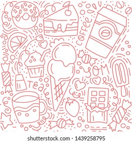 Doodle which depicts a cup of coffee, tea, tea bag, candy, chocolate, lemon slice, cake with a berry with lettering in vector. Hand-drawn image. Pattern