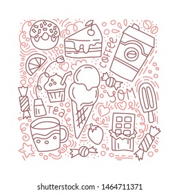 Doodle which depicts a cup of coffee, tea, tea bag, candy, chocolate, lemon slice, cake with a berry with lettering in vector. Hand-drawn image. 