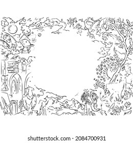 Doodle in which elements of nature, animals and education are mixed sketch vector illustration