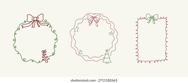 Doodle Whimsical Weihnachtsrahmen Set handgezeichnete Linie Kunst