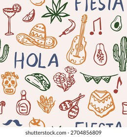 Doodle whimsical Mexican seamless pattern