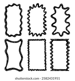 Doodle Whimsical Sketch Scallop Edge Frame Set. Black Texture Picture Shape Border Collection. Vector Curve Design