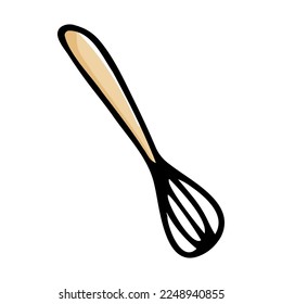 Doodle whisk for cooking food. Hand-drawn corolla isolated on white background. Color Kitchen symbol. Cozy utensil, dishes for whisking, culinary accessory image. Vector domestic life illustration