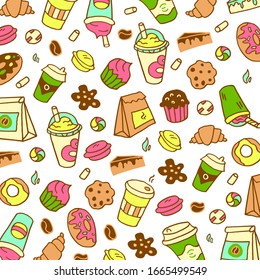 Fondo blanco Doodle con tazas de café, granos de café, donut, malvaviscos, bolsas de artesanía, horneado para el café, caramelos y macarons.