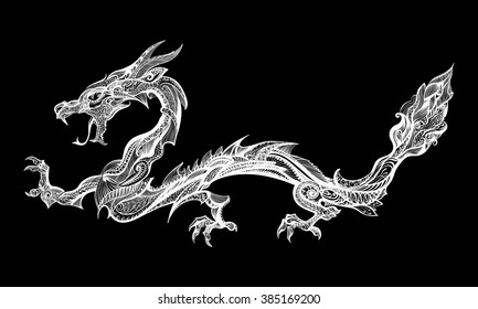 Doodle White Dragon Isolated on Black Background