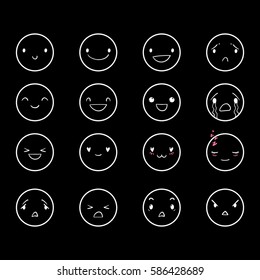 Doodle white emoticons with different emotions on black background, vector set of various hand-drawn outline cute expressions, EPS 8