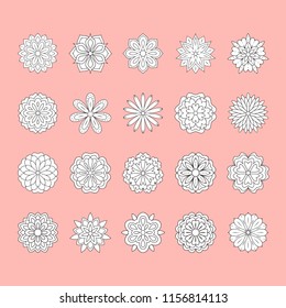 Doodle white flowers set on pink background. Beautiful floral design elements for wedding card. Zentangle backdrop, summer flower drawing. Cute silhouette illustration.