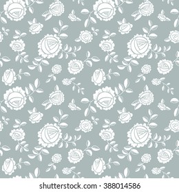 Doodle white and grey rose seamless pattern