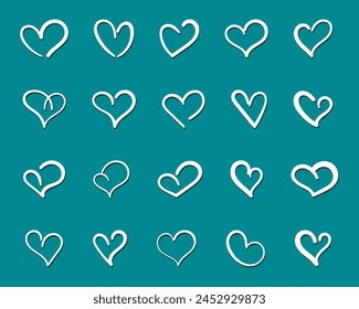 Doodle White Hearts Icons set with shadows, Hand-drawn Love Doodle collection. Vector illustration for Valentines Day, wedding, romantic greeting card on dark background