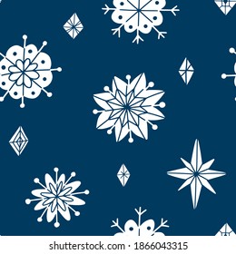 Doodle white on dark blue snowflakes. Seamless pattern. Simple flat Chrystmas and New Year texture for paper wrap, fabric print, decoration. Hand drawn winter holiday vector background 