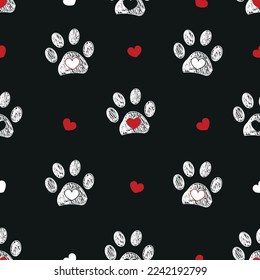 Doodle white paw print with hearts black background. Happy Valentine's design seamless pattern