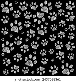 Doodle white paw prints with black background