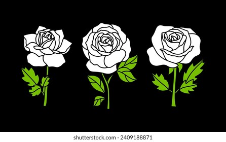 Doodle white rose with leaf icon Hand drawing art Flower stencil Vector stock illustration EPD 10