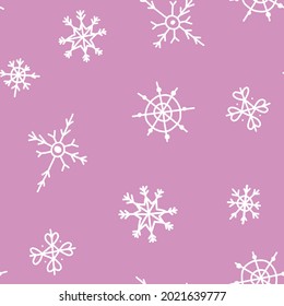 Doodle white snowflakes seamless pattern for wrapping paper, textile, fabric print. Christmas, New Year holidays sketch repeat ornament. Vector hand-drawn illustration on purple background.