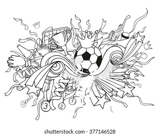 Doodle white soccer composition with sport objects and decoration elements. Vector illustration. Hand drawn outline style for banner, poster, advertisement