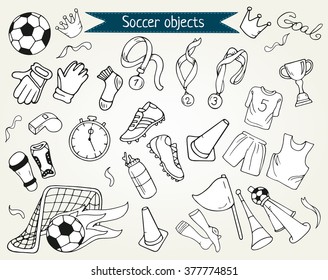 Doodle white soccer or football objects, vector collection. Hand drawn outline style for banner, poster, advertisement