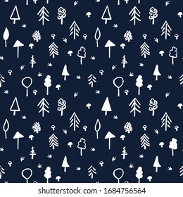 Árboles blancos sin fisuras, patrón vectorial en un fondo negro. Diseño simple de la superficie forestal. 