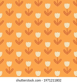 Doodle white tulip flowers shapes seamless pattern in hand drawn style. Orange bright background. Summer print. Flat vector print for textile, fabric, giftwrap, wallpapers. Endless illustration.