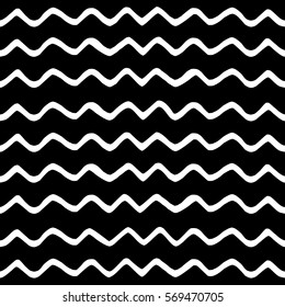 Doodle white wave seamless pattern on black. Vector ink paint brush. Hand drawing wavy background. 