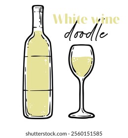 Doodle of white wine bottle and glass. Simple outline of alcoholic drink made out of fermented grapes. Vector illustration for online and print design projects. 