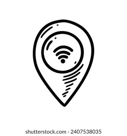 Icono de localización de wifi Doodle. Punto de conexión inalámbrica a Internet por satélite. Dibujar símbolo de señal de radio. Pin de mapa dibujado a mano.