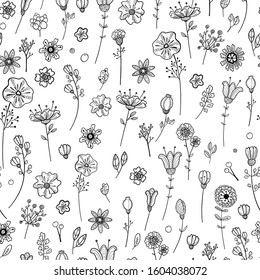 Doodle Wild Flowers Seamless Pattern.