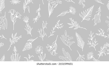 Doodle wild flowers seamless pattern. Decorative floral print, hand drawn forest flower and branches vector background. Fashion natural elements template