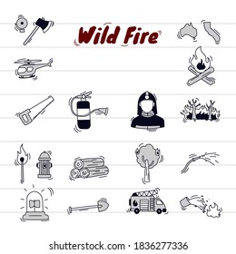 Doodle wildfire illustration style, set in icon compilation black and white with paper background. Ready to use for print, website.