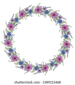Doodle wildflowers frame on white background