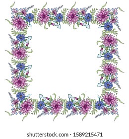 Doodle wildflowers frame on white background