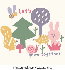 DOODLE WILDLIFE ANIMAL AND BIRDS WITH LETS GROW TOGETHAR SLOGAN GRAPHIC VECTOR