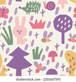 DOODLE WILDLIFE WITH ANIMALS AND BIRDS REPEAT PRINT SEAMLESS PATTERN VECTOR