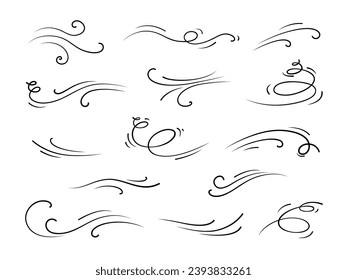 Doodle wind air motion depicts invisible dance of blowing wind, gentle motion of air with flowing lines and swirl. Isolated vector set of hand drawn sketchy curves, capturing ethereal grace of nature