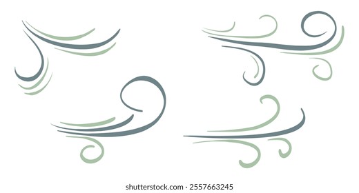 Doodle wind blow, gust, air blow, swirl design elements. isolated on white background. vector hand drawn illustration