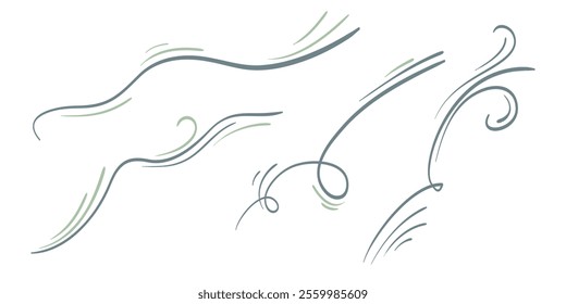 Doodle wind blow, gust, air blow, swirl design elements. isolated on white background. vector hand drawn illustration