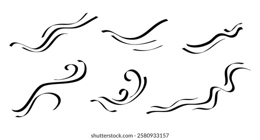 Doodle wind blow, gust, air blow, swirl design elements. isolated on white background. vector hand drawn illustration