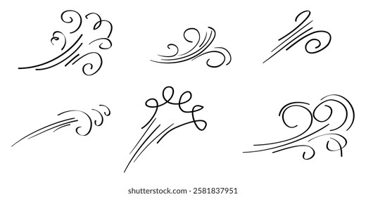 Doodle wind blow, gust, air blow, swirl design elements. isolated on white background. vector hand drawn illustration