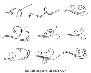 Doodle wind blow, gust, air blow, swirl design elements. isolated on white background. vector hand drawn illustration