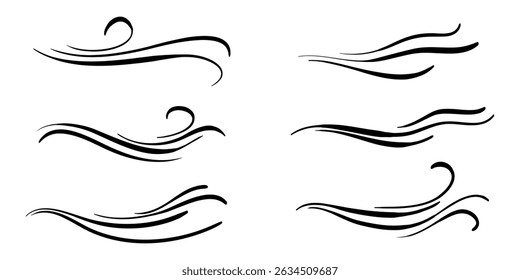 Doodle vento sopro, rajada, soco de ar, elementos de design de espiral. isolado no fundo branco. ilustração desenhada à mão vetor