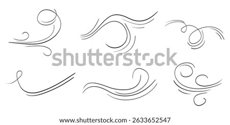 Doodle wind blow, gust, air blow, swirl design elements. isolated on white background. vector hand drawn illustration